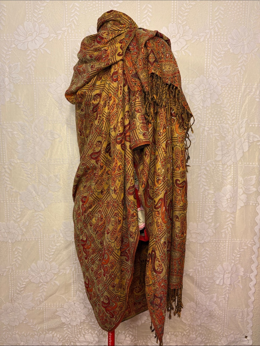 47” X 90” Silver Sparkle Embellished Mustard and Rust Paisley Wrap or Tablecloth - Picture 5 of 9
